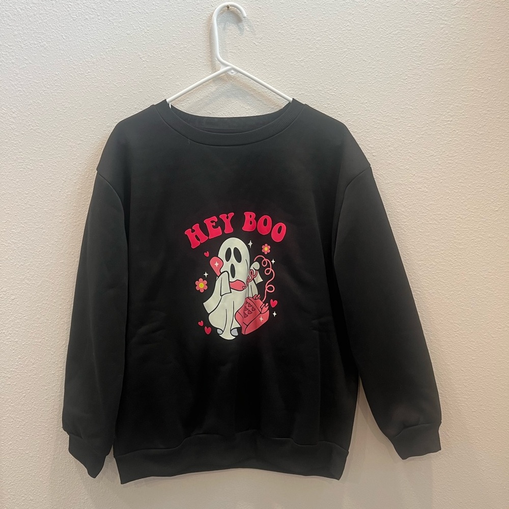 Black 'Hey Boo' Ghost Print Sweatshirt Size Large